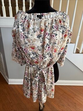 As U Wish Cream Floral Off-Shoulder Tie-Waist Dress with Pink Accents